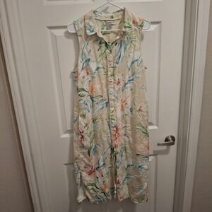Tommy Bahama Womens Large Linen Floral Sleeveless Button Down Midi Dress